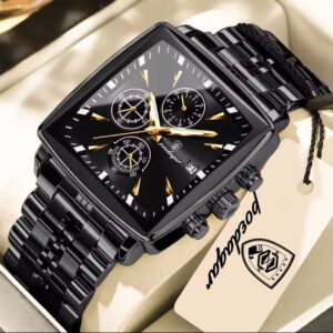 POEDAGAR Luxury Square Stainless Steel Chronograph Men’s Wristwatch – Waterproof Quartz Watch with Luminous Hands